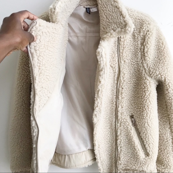 H&M Beige Sherpa Pile Teddy Faux Biker Coat - Picture 6 of 8